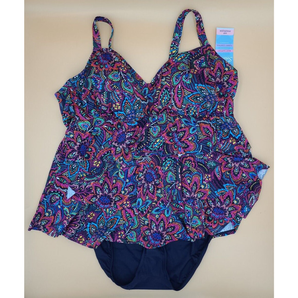 Swim Solutions Tummy Control Fauxkini One-Piece Swimsuit Navy Sz 24W NWT - Picture 2 of 4